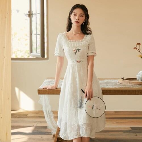 White Fairy Dress Women 2021Summer French Palace Style Square Neck Elegant Ruffled Stitching High Waist Slim Embroidered Vestido