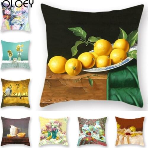 Western Oil Painting Polyester Cushion Cover Sofa Throw Pillow Cover Floral Lemon Printed Home Square Pillow Case 45*45cm