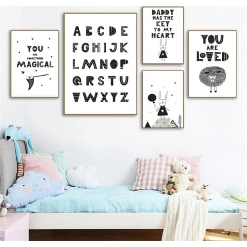 Nursery Room Wall Art Poster Cartoon Animal Quote Words Canvas Painting Baby Girl Boy Bedroom Decor Black Picture Artwork