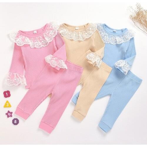 Kids Clothes Spring And Autumn Girl Sets Cotton Ribbed Lace Long-Sleeve Tops+Pants Homewear Pajamas Two Piece Suits 1-5Years