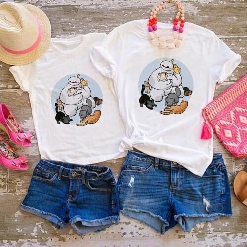 Disney Cute Baymax and Cats Print T-shirt Women Big Hero 6 Cartoon Aesthetic Family Matching Clothes Mom and Daughter Equal