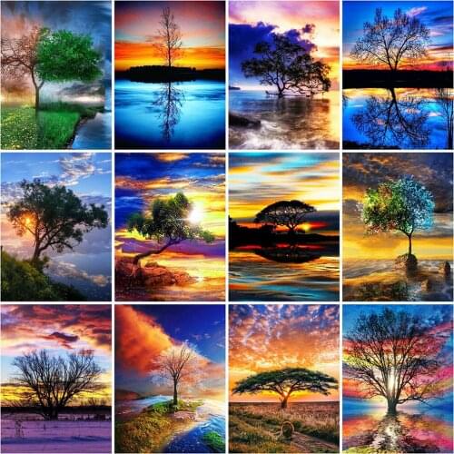 Evershine Diamond Embroidery Sunset Full Square Round Diamond Painting Tree Cross Stitch Landscape Mosaic Kits Home Decor