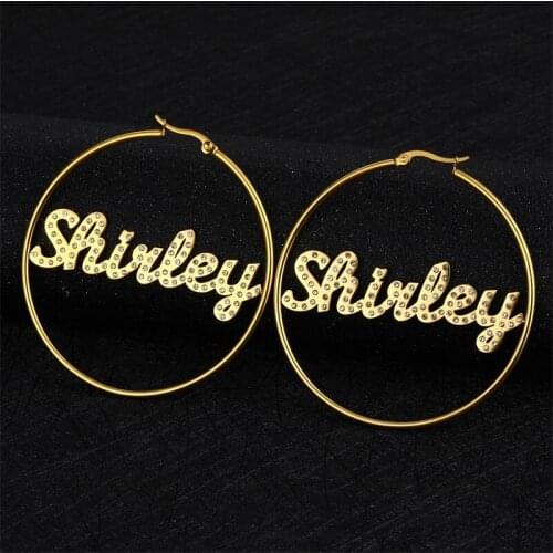 Personalized Custom Gold Stainless Steel Charm Zircon Earrings for Women Customized Big Round Circle Earrings Name Jewelry Gifts
