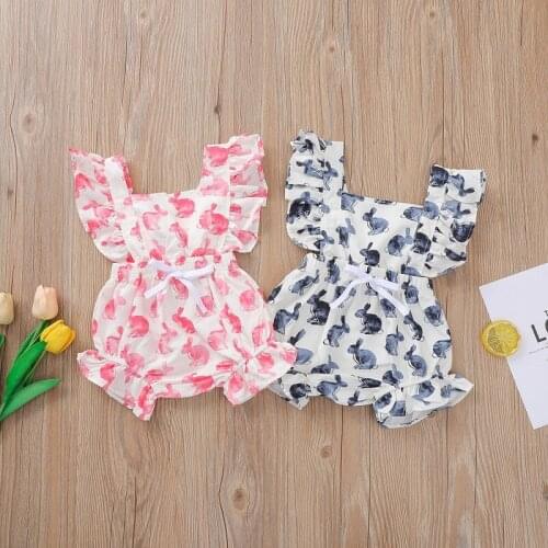 0-24M Newborn Baby Girl Boys Rompers Ruffles Sleeveless Rabbit Print Elastic Jumpsuit Summer Clothes