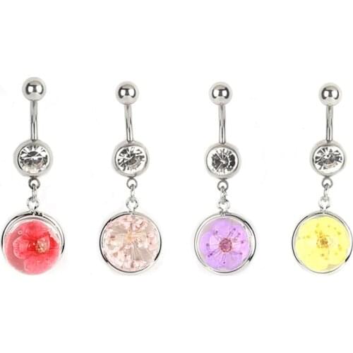 Round Belly Button Rings Bar Surgical Sexy Body Jewelry For Women Crystal glass dried flower pendant Navel Piercing