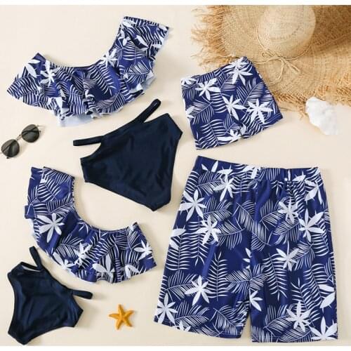 Parents And Kids Family Swimwear Print Two Piece Swimsuit Bikini Couple Blue Ruffle Hollow Beach Shorts Free Shipping