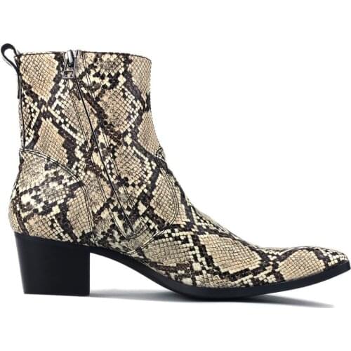 Spring/ Autumn Mens Fashion Boots Leather Ankle Boots Designer Snake Print Zipper-up Chelsea Boots footwear high heel boots