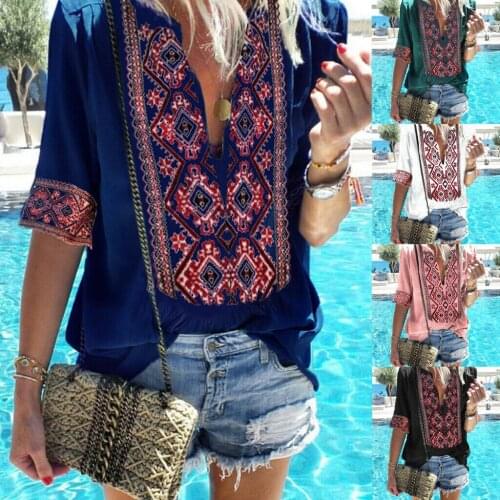 2019 Newest Hot Women Summer Short Sleeve Boho Style V Neck Floral Shirt Blouse Tops Loose Shirt Casual TOPS