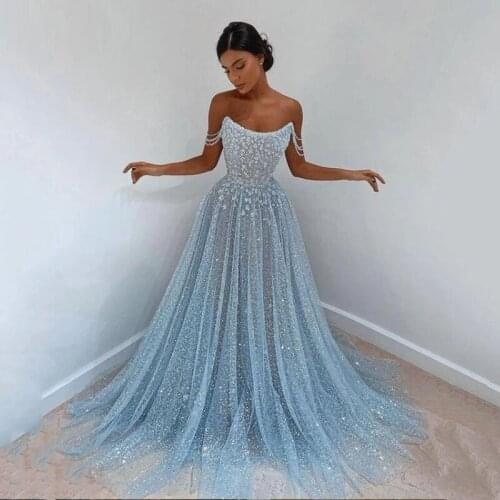 New Arrival Shiny Beaded Prom Dress Off The Shoulder Glitter Tulle A-Line Arabic Evening Gown Long Party Dress 2021