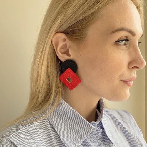 New Charms Leather Earrings Asymmetrical Handmade Weird Stud Earrings Geometric Square Statement Jewelry For Woman Vintage Gift