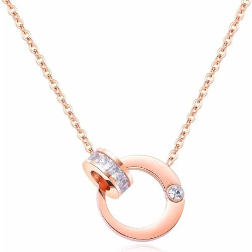 Hot Sale Small Square Stone CZ Double Round Rose Gold Color / Silver Color / Gold Color Stainless Steel Necklace