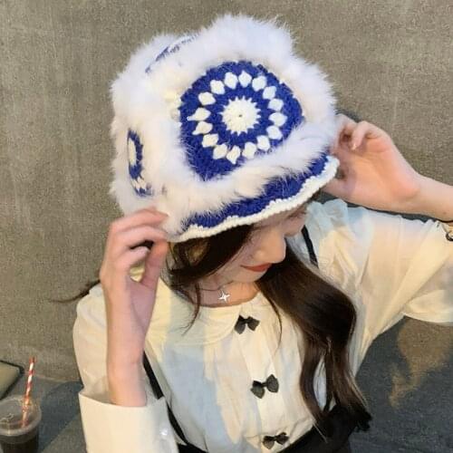 2021 Fashion Panama Real Rabbit Fur Bucket Hat Women Girl Thick Warm Winter Hat Foldable Hollow Crochet Knitting Fisherman Hat