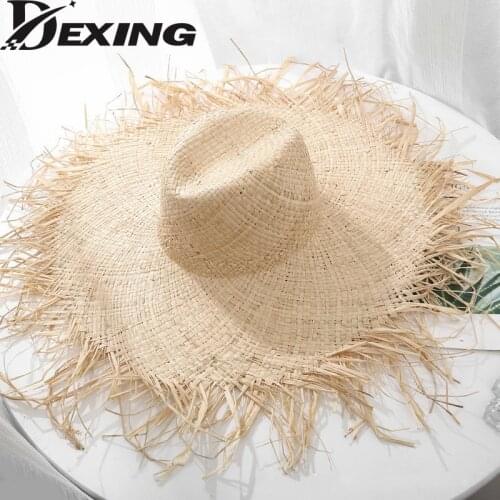 2021 Wide Brim Floppy Sun Hat for Women Natural Raffia Straw Hat Ladies Summer Fringe Beach Cap Hand Weave Sun Hat Wholesale