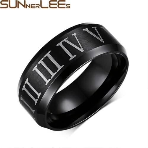 SUNNERLEES Titanium Stainless Steel Rings 8mm Black Roman Numerals High Polished Men Jewelry Gift R-041
