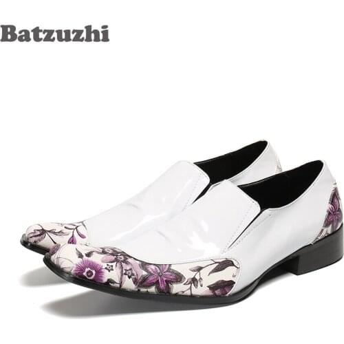 Batzuzhi Western Mens Shoes Formal Leather Dress Shoes Flowers White Leather Dress Shoes Chaussures Hommes for Wedding Party