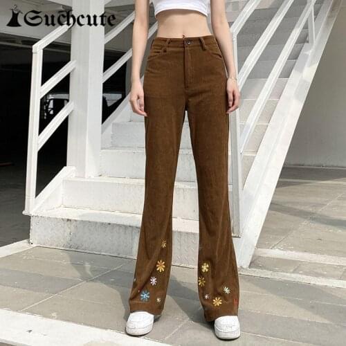SUCHCUTE Vintage Brown Corduroy Joggers For Women Y2K Aesthetic Flower Streetwear Flare Pants Korean Fashion Low Waist Trousers