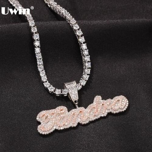Uwin Custom Cursive Letters Edwardian Script Name Necklace Full Iced Cubic Zirconia Jewelry DIY Hiphop Name Pendants for Gifts