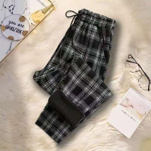 2021 New Spring Winter Womens Pants Plus Velvet Thickening Large Size High Waist Plaid Loose Casual Pants Fashion Harem Clothes