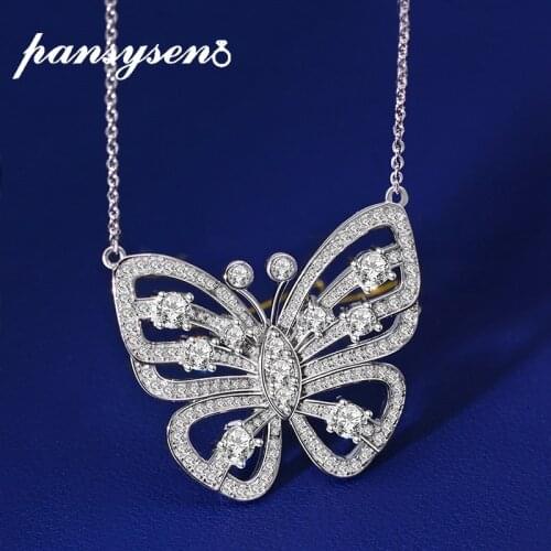 PANSYSEN Luxury Real 925 Sterling Silver Butterfly Created Moissanite Gemstone Necklace Bridal Wedding Bithday Pendant Necklaces