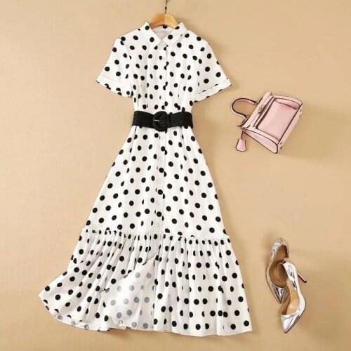 High Quality New Celebrity Style Dress 2021 Summer Women Turn-down Collar Black Polak Dot Print Belt Deco Casual White Dress