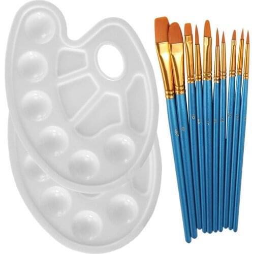 10Pieces Round Pointed Tip Nylon Hair Brush Set With 2 Piece Paint Tray Palette