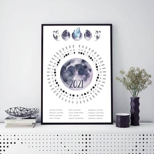 2021 Moon Phases Calendar Poster Usa & Europe Time Zones Calendar Picture Print Wall Art Canvas Painting Living Room Home Decor