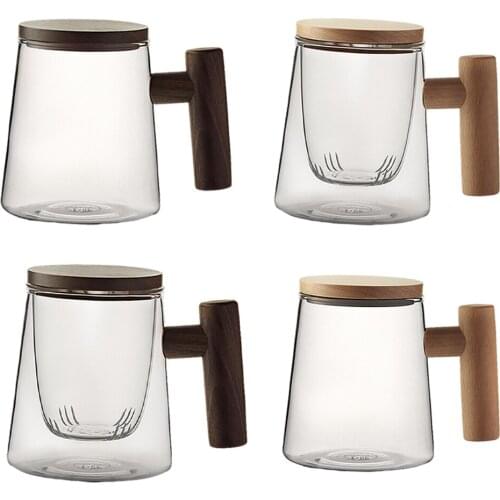 300ML Household Borosilicate Glass Transparent Tea Cup w/Wood Lid Cover Handle Drinkware
