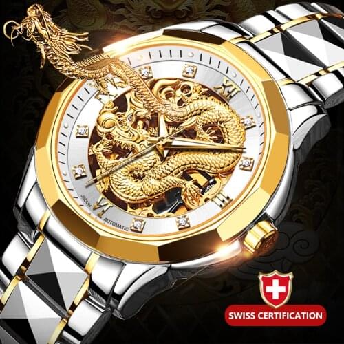 3D stereo dragon dial excellent men watches JSDUN top brand luxury watches for men automatic mechanical wrist 50m waterproof