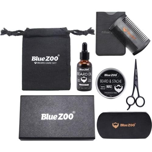 7 in 1 Beard Care Grooming Kit Beard Balm Oil Wax Comb Brush Scissors Bag