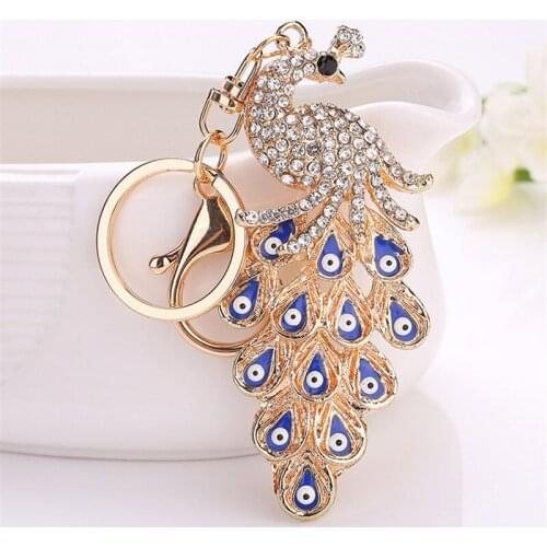 Colorful Peacock Diamond Keychain Crystal Golden Color 3D Chain Charm Car Pendant Keychain Key Ring