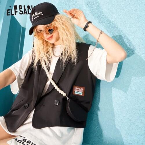 ELFSACK Solid Pure Chic Applique Casual Women Waistcoat,2021 Summer Chic Pearls Sleeveless Korean Office Ladies Daily Jackets