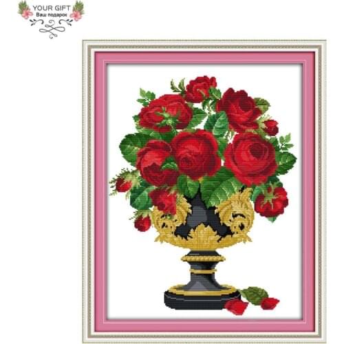 Joy Sunday Roses Home Decor H695(5) 14CT 11CT Counted Stamped Rose Vase Flowers Needlework Embroidery Cross Stitch kits