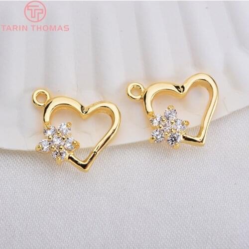 4PCS 14x14MM 24K Gold Color Plated Brass Heart with Flower Zircon Pendant Charms High Quality DIY Jewelry Making Findings