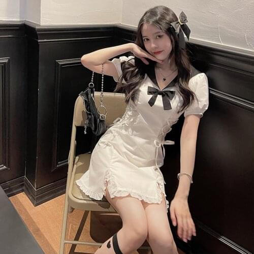 Sweet Summer Soft Girl Lolita Dress Japanese French Puff Sleeve Cute Doll Collar Bow Bandage Dress Kawaii Color Contrast Dresses