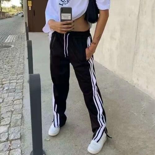MosiMolly Cool Split Black Pants Women Striped Long Pants Tracksuit Pants Sweat Pants Female Bottom