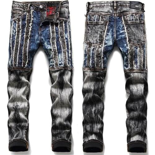 Mens Biker Jeans Distressed Stretch Hip Hop Slim Fit Punk Denim Jeans Fashion Patchwork Cotton Pants Dropshipping