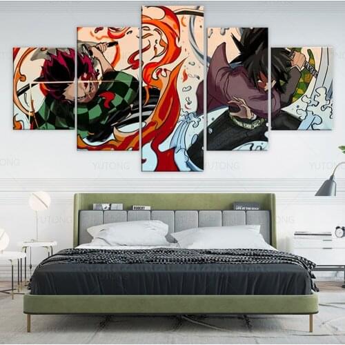 Wall Art Home Decor Painting 5 Panels HD Japan Anime Boy Picture Tomioka Giyuu Demon Slayer Kamado Tanjirou Poster Animation