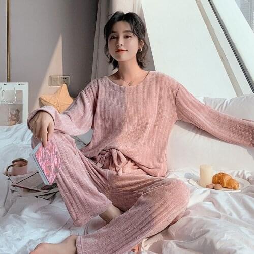 SLPBELY New Simple Style Autumn Winter Warm Pajamas Flannel Long Sleeve Homewear Suit Velet Girl Nightwear