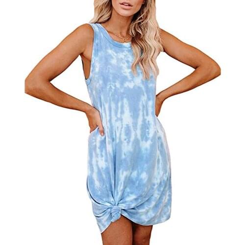 4 Colors Womens Sling Sleeveless Tie-Dye Dress Printed Midi Round Neck No-Sleeve Loose Summer Casual Home Girl Tank Dresses
