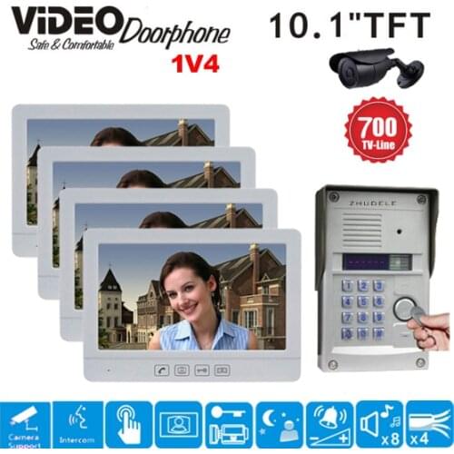 ZHUDELE Luxury Intercom System 1Camera+4x10.1Inch Display Screen Video Door Phone with RFID Panel Camera, Water-proof Cover