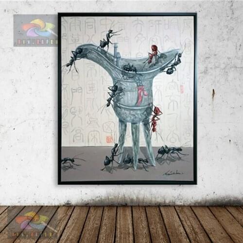 Hand Painted oil painting Dafen artist Liang Canbin created large-scale abstract oil painting Wine glasses and ants