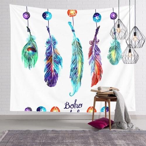 Vertical Wall Hanging Dream Catcher Dreamcatcher Feather Tapestry Colorful Bird Feathers Bedroom Decor Cloth Fabric White