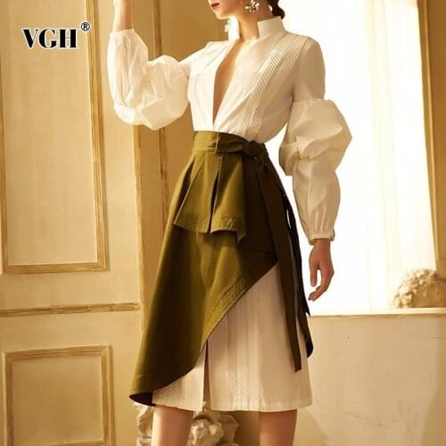 VGH Korean Patchwork Ruffle Set For Women V Neck Long Sleeve Shirt High Waist Asymmetrical Skirts Casual Sets Female Fashion New