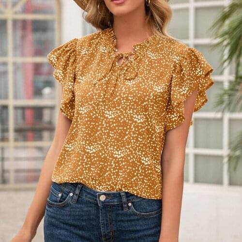 Women Office Lady Ruffle Leaf Short Sleeve V-Neck Holiday Shirts Temperament Hollow Out Polka Dot Print Tops Fashion Lace Up