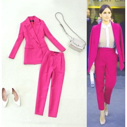 Womens Work Pant Suits OL 2 Piece Sets solid color casual blazer Jacket Wide leg pants two-piece female temperament Pant suits