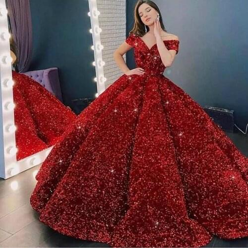 Luxury Ball Gown Sequin Quinceanera Dresses Glitter Sequined Women Sweet 16 Formal Party Night Off The Shoulder Robe De Soiree