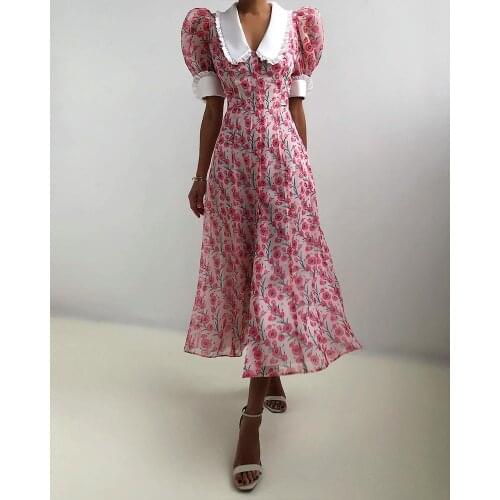 Women Fashion Peter pan Collar Floral Print Long Dress Summer Retro Puff Sleeve Single Breasted High Waist Sexy Split Party Dres