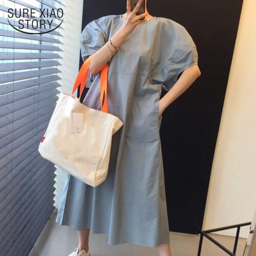 Women Chic 2021 New Summer Dress Solid Cotton O-Neck Loose Dress for Women Casual Office Lady Simple Long Dress Vestidos 14229
