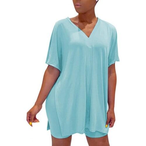 1 Set Women Outfit V-neck Two Piece Solid Color Fashion Casual Homewear for Summer sleepwear women pajama sets Light Blue xxxl