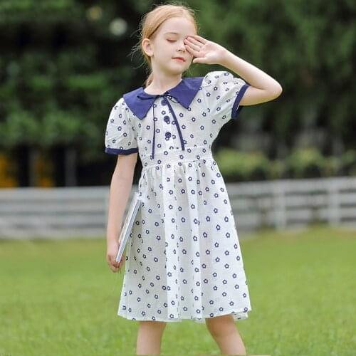 2021 Summer Floral Print Dress For Girls Princess Style Peter Pan Collar Mid Length Gowns Kids Daily Casual Vacation Dresses